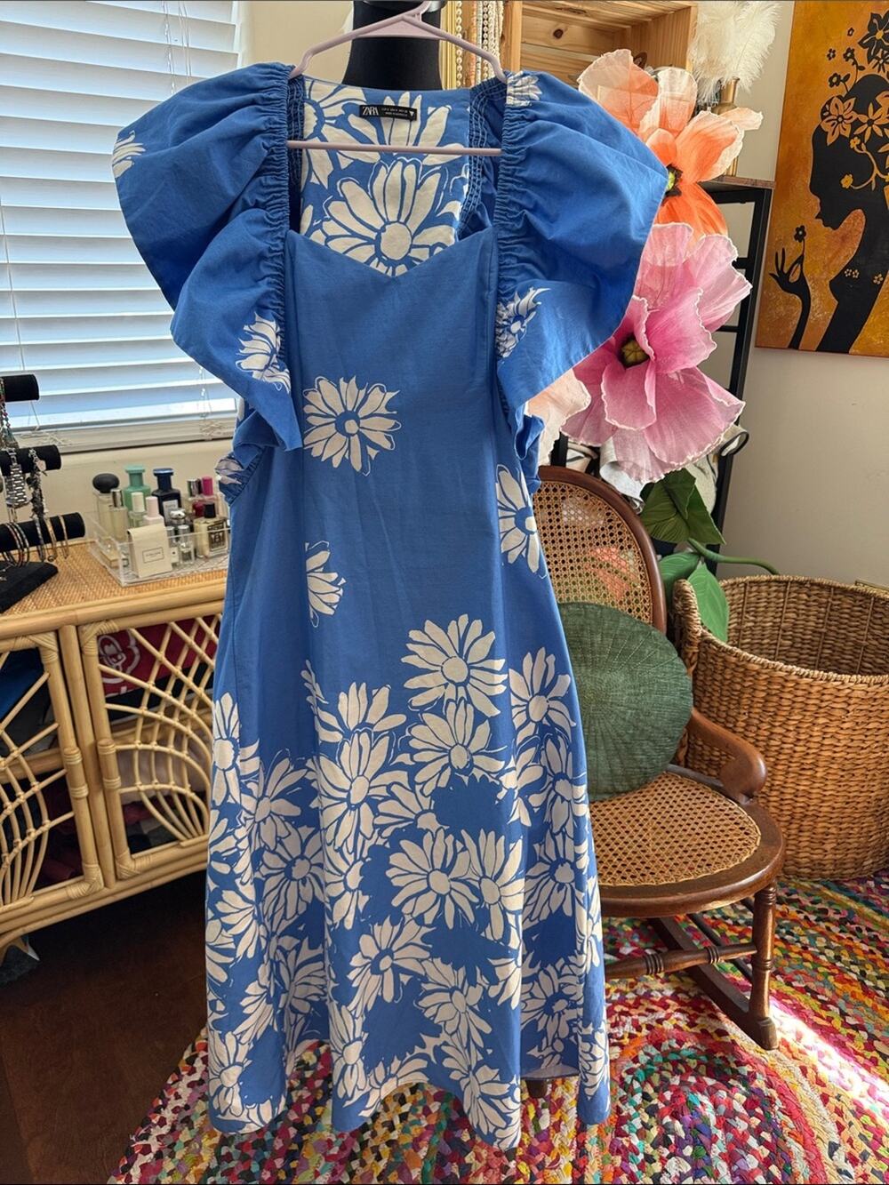 Zara Blue & White Cotton Tropical Floral Ruffle Garden Cottage Boho Midi Dress
